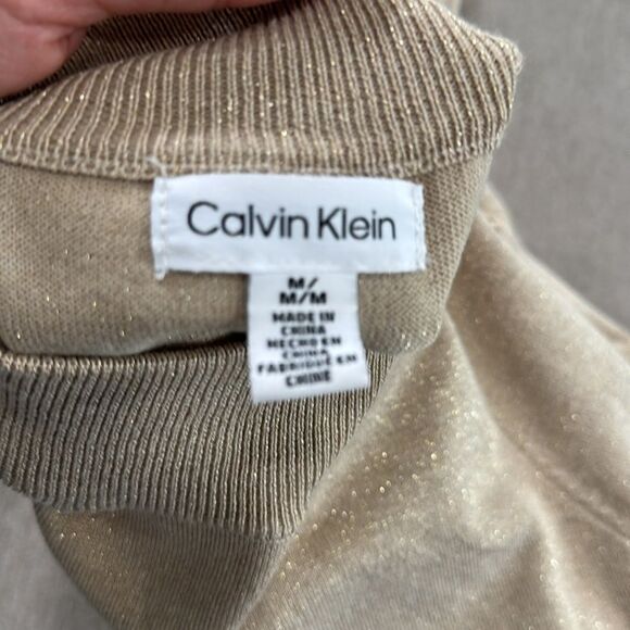 Calvin Klein women’s sweater Beige Tan Gold Shimmer Mock Neck Medium Long Sleeve - Picture 9 of 11